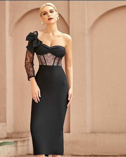 One Shoulder Lace Bodycon Bandage Dress Long Sleeve Celebrity Black Bandage Dress / S