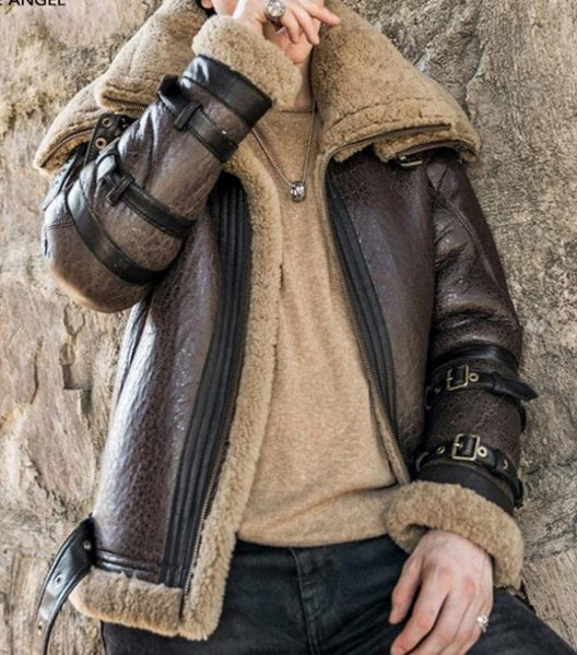 β sheepskin finger hole leather jacket Buttonhole Men's Leather Jacket Genuine Sheepskin Faux Fur Lined
