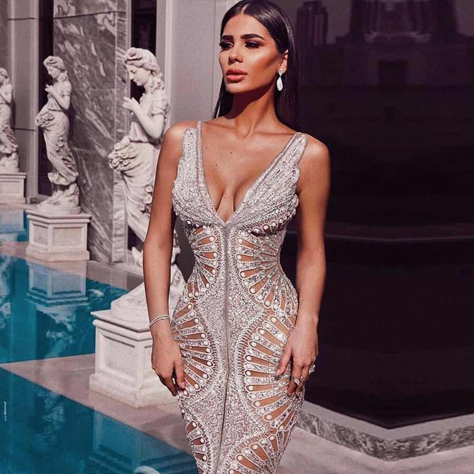 Sequin Sleeveless Long Dress Fountain of Love Silver Dress / M