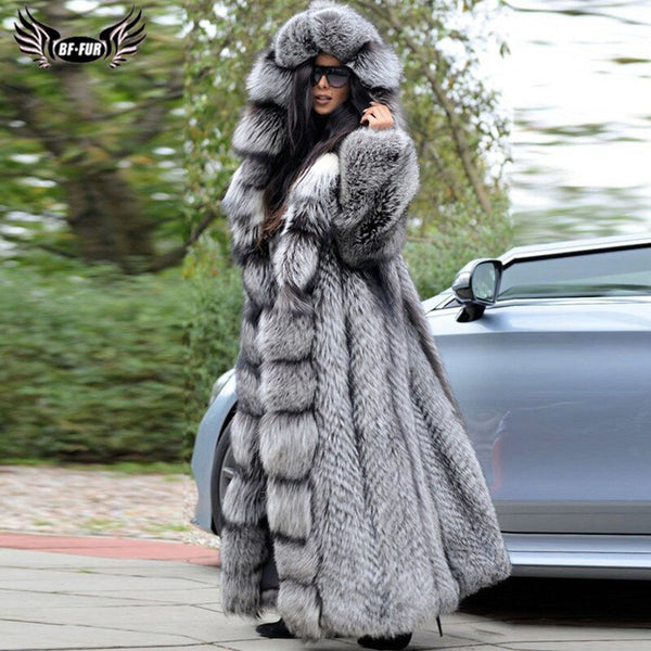 Silver Fox Real Fox Fur Coats For Womens Hooded Coat Long