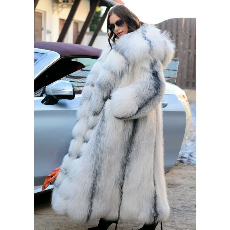 Genuine Fox Fur Coat with Hoodie "Pristine"-Fur coats-Pisani Maura-Native Fox Fur-S fur bust 88cm-Pisani Maura