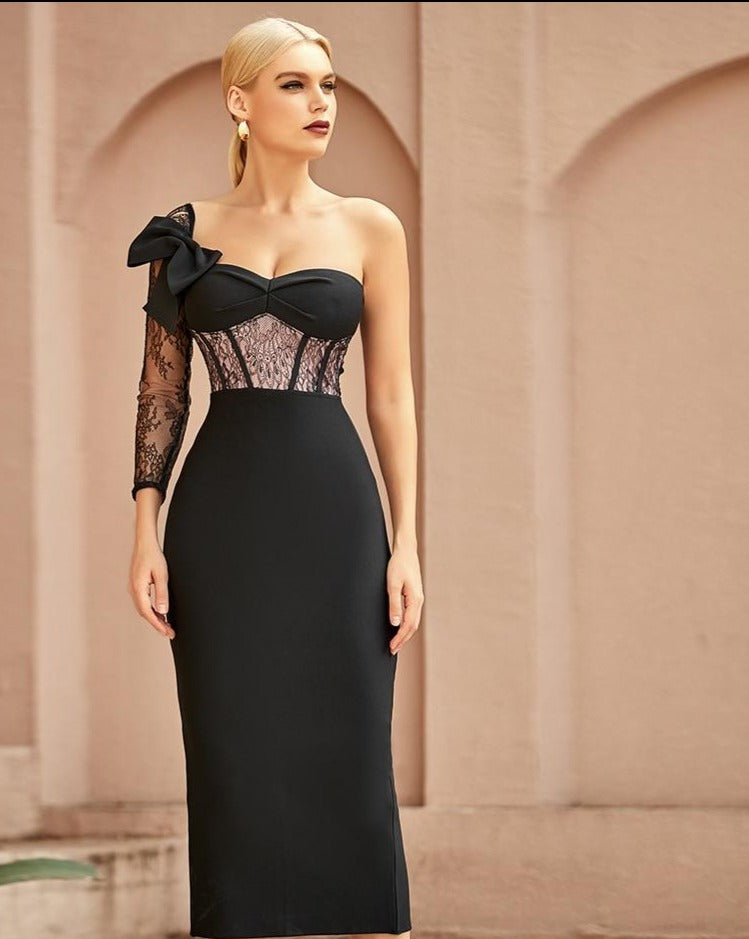 One Shoulder Lace Bodycon Bandage Dress Long Sleeve Celebrity Black Bandage Dress / S