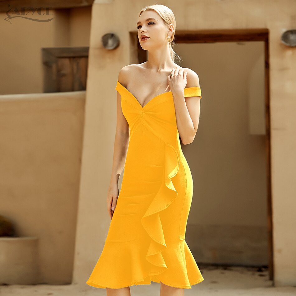 Shoulderless V Neck Bandage Dress Mermaid Yellow Bandage Dress / S Shoulderless V Neck Bandage Dress Mermaid Yellow Bandage Dress / S