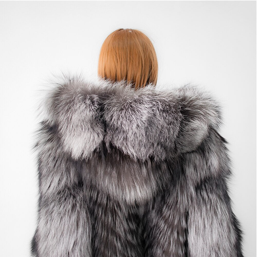Pisani Maura Genuine Fox Fur Coat with Hoodie Signature As Picture / 6XL Fur Bust 120cm