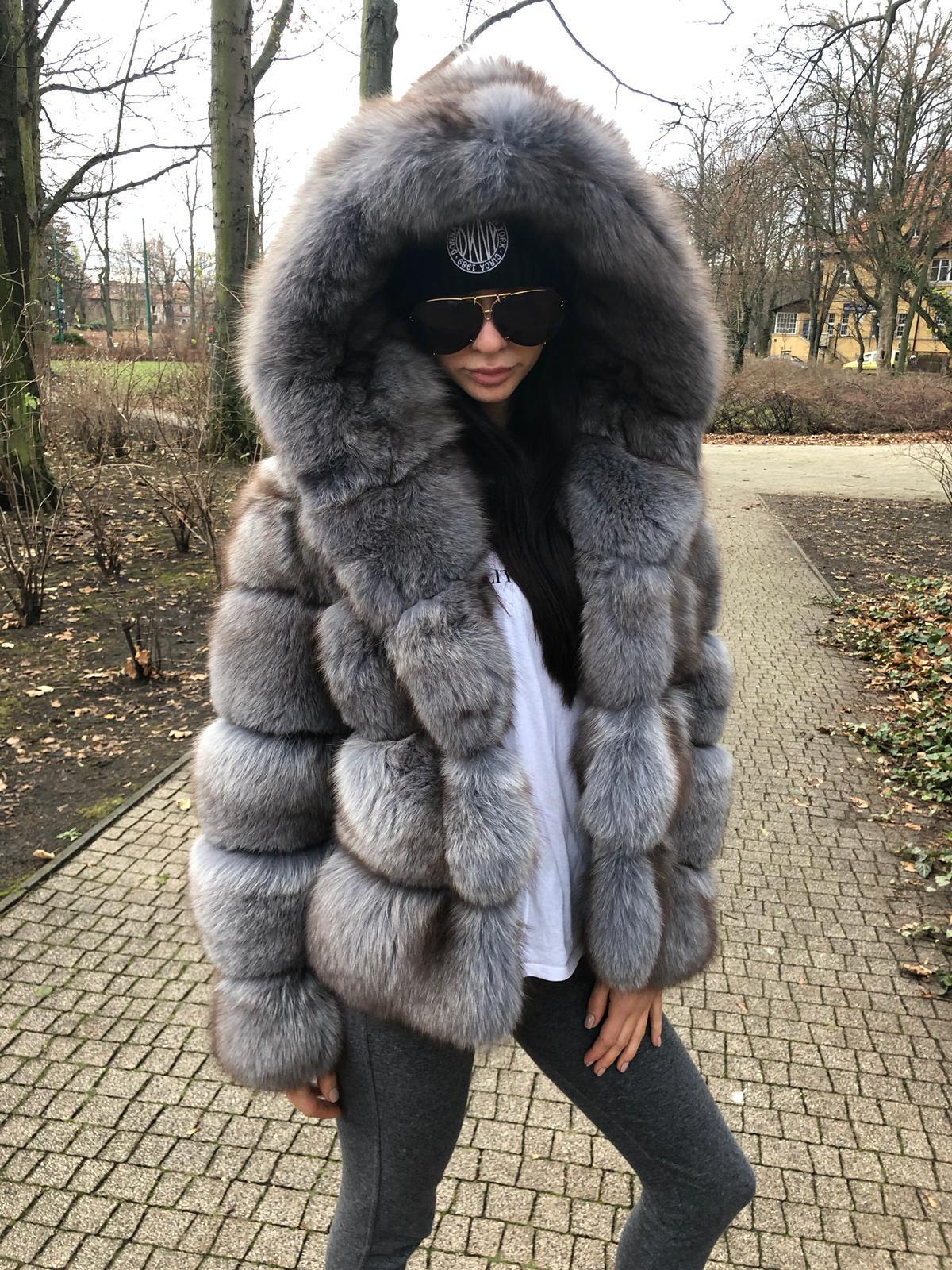 Fox Genuine Fur Coat and Hoodie "Rapper"-Fur coat-Pisani Maura-medium grey-S-Pisani Maura