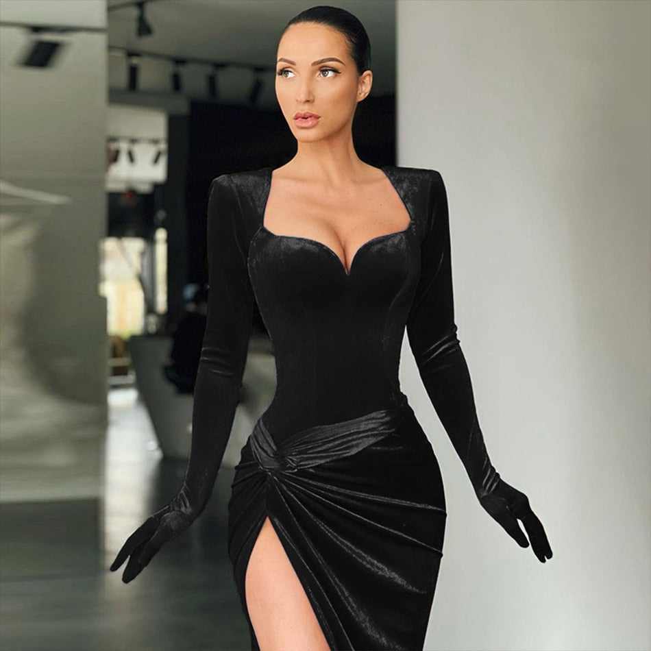 Valentines Dress Black Evening Formal Party V Neck Long Sleeve High Slit Bodycon Prom Party Velvet Maxi Dress(Black/L) Valentines Dress Black Evening Formal Party V Neck Long Sleeve High Slit Bodycon Prom Party Velvet Maxi Dress(Black/L)