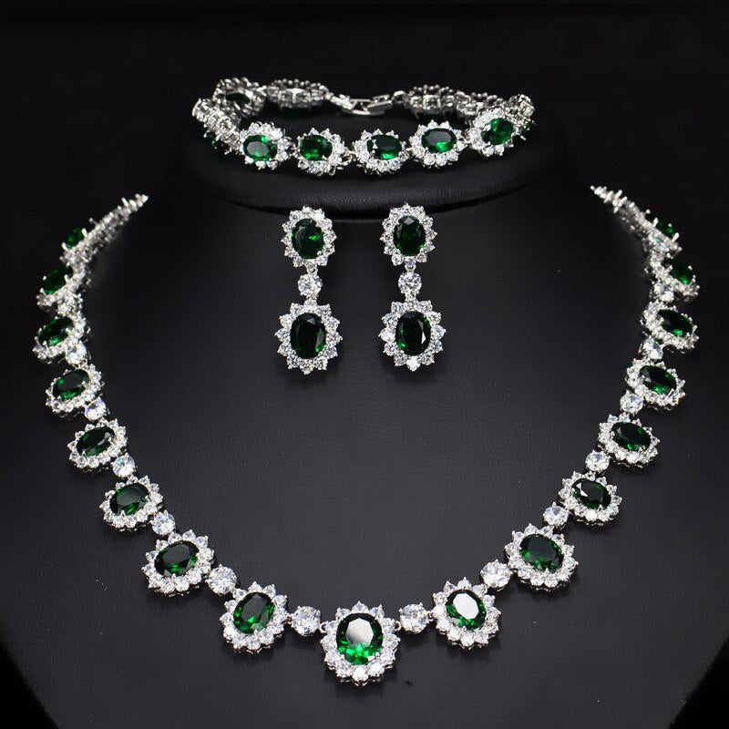 Silver Necklace, Earrings & Bracelet Set "Royale"-Jewelry-Pisani Maura-Green-45 cm-Pisani Maura