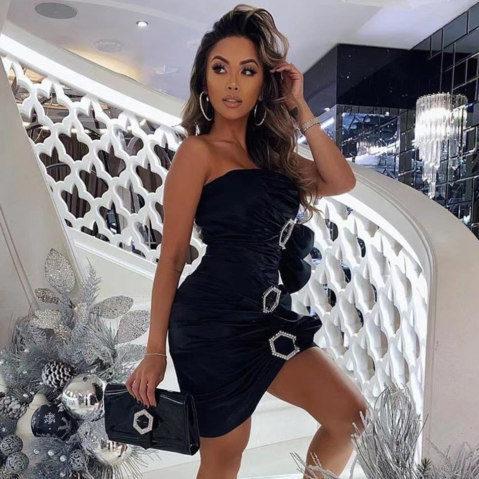 Strapless Mini Sleeveless Swarovski Dress Queen of Diamonds Black Party Dress / L Strapless Mini Sleeveless Swarovski Dress Queen of Diamonds Black Party Dress / L
