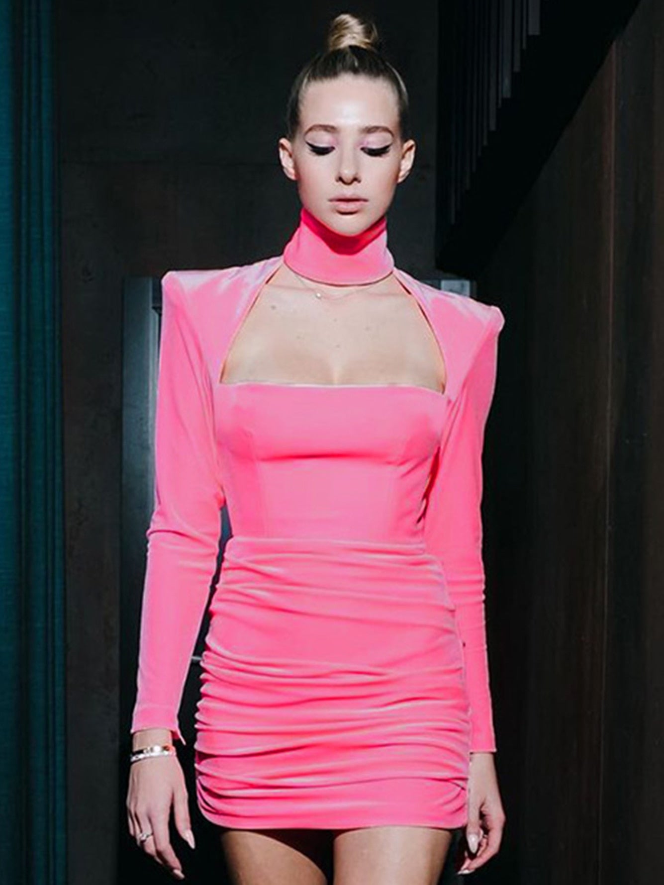velvet turtleneck dress by Nicole Miller A sleeveless mini dress featuring a high mock turtleneck made from our luxe Velvet TURTLENECK Dress CHOCKED Black